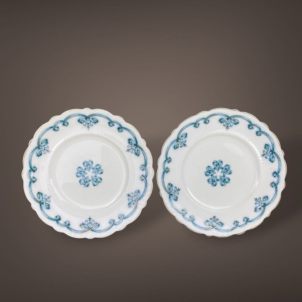 Johnson Bros Rolland Blue Teal Set 2 Luncheon Gold Trim England‎ 1930s 1940s